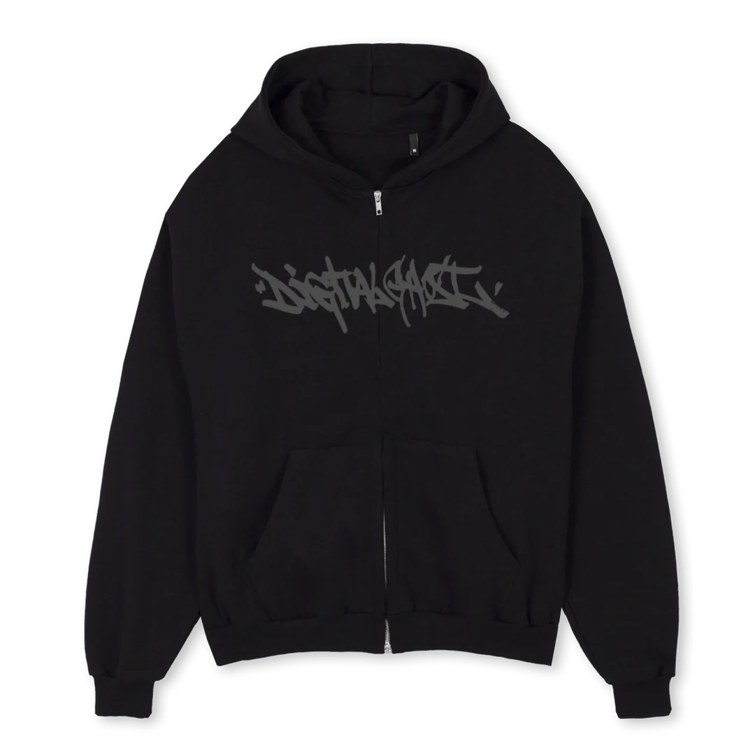 BKZHNIB Black Oversized Zipped Hoodie.
