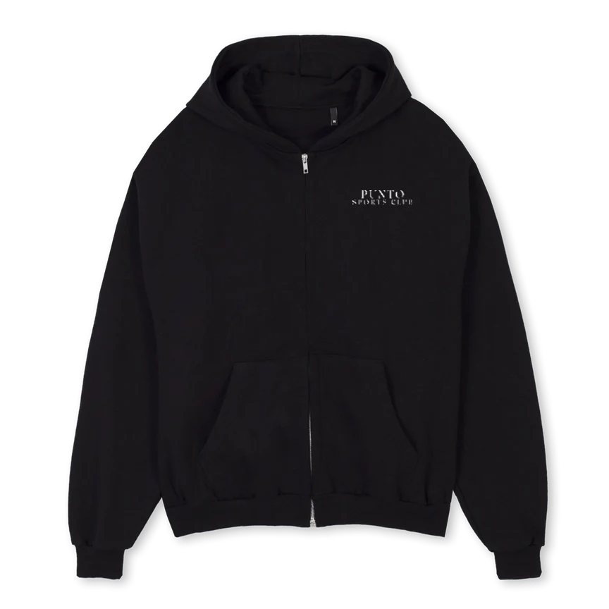BLACKWHITEPUNTO Black Oversized Zipped Hoodie.