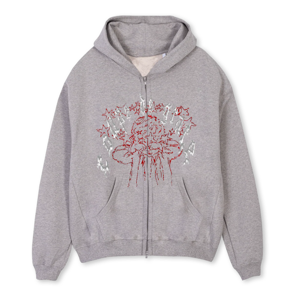 CRYBABY Grey Marl Oversized Zipped Hoodie.
