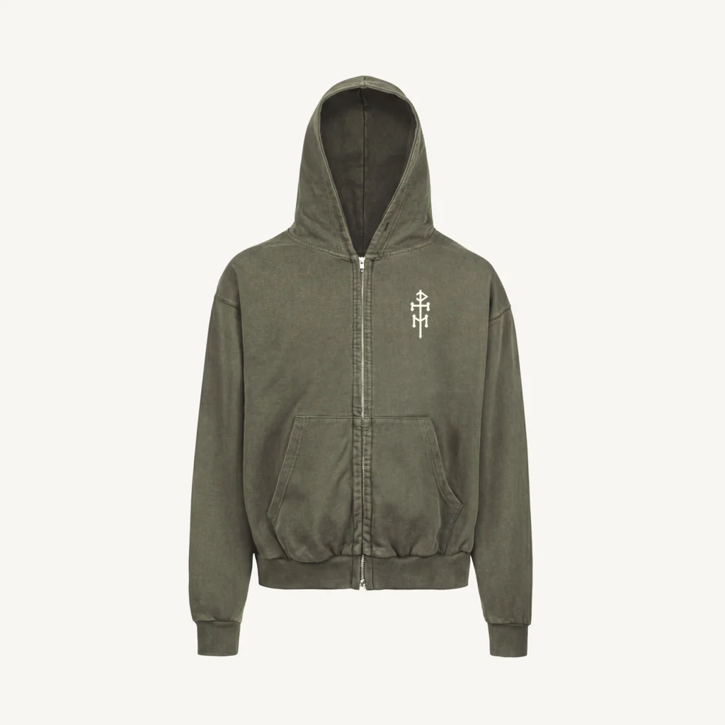 DIEMTI LOGO OX ZIPPED Vintage Olive Oversized Zipped Hoodie.