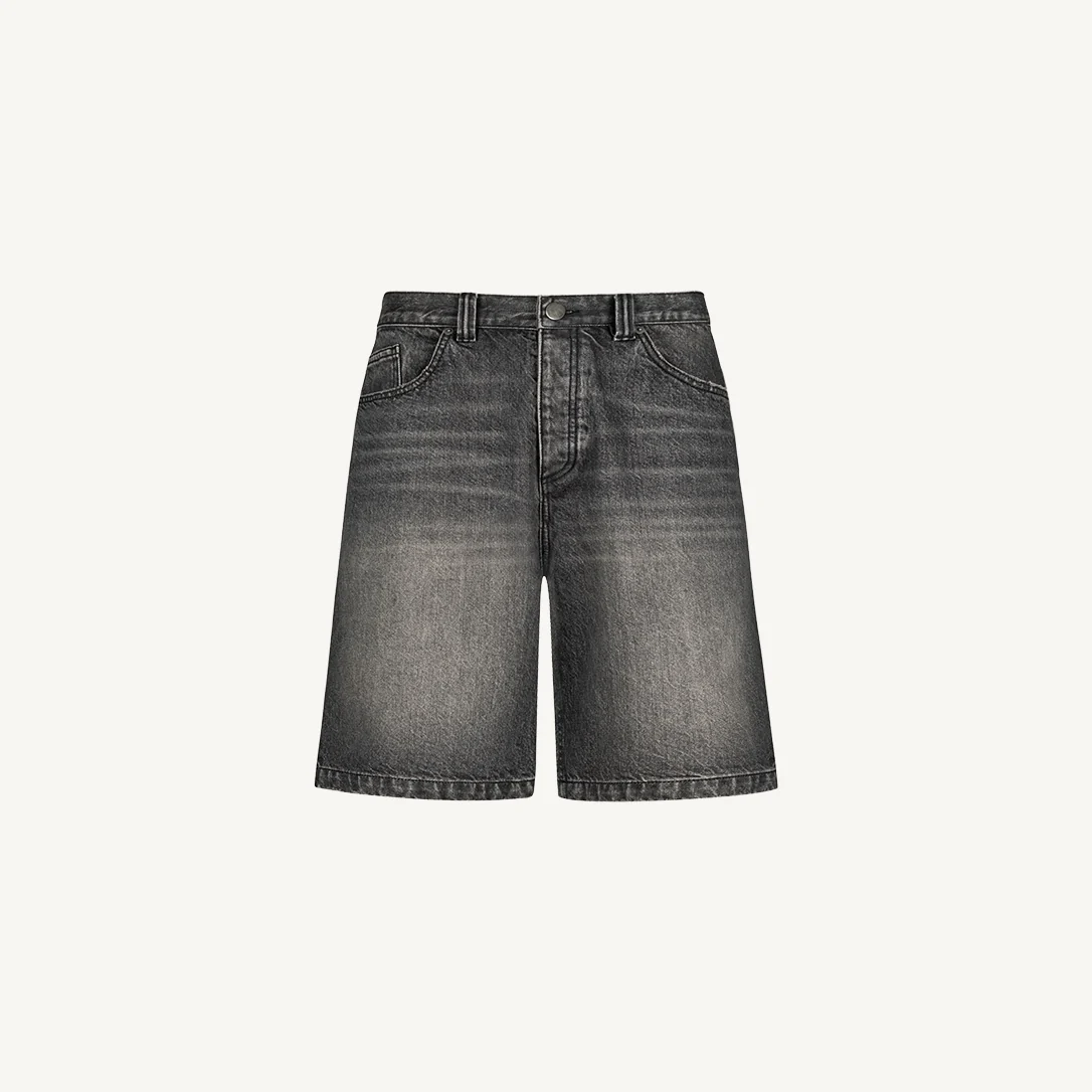 Faded Mid Black Loose Fit Denim Shorts Mockups.