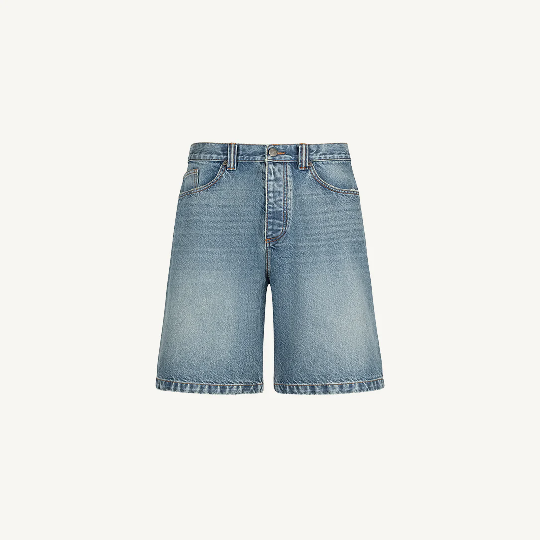 Faded Mid Blue Loose Fit Denim Shorts Mockups.