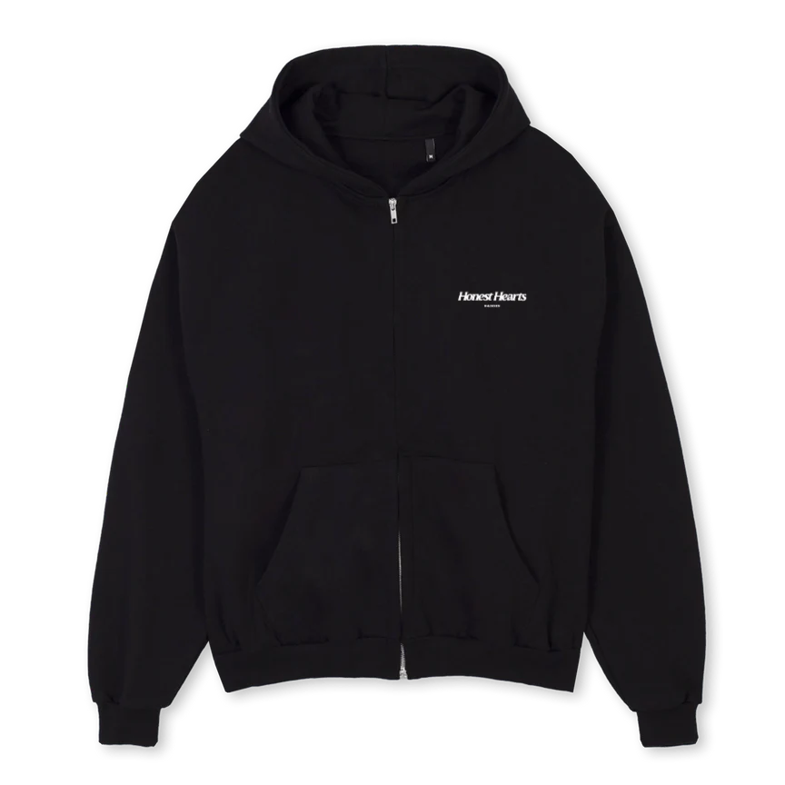 HONESTHEARTSMEMBERS Black Oversized Zipped Hoodie.