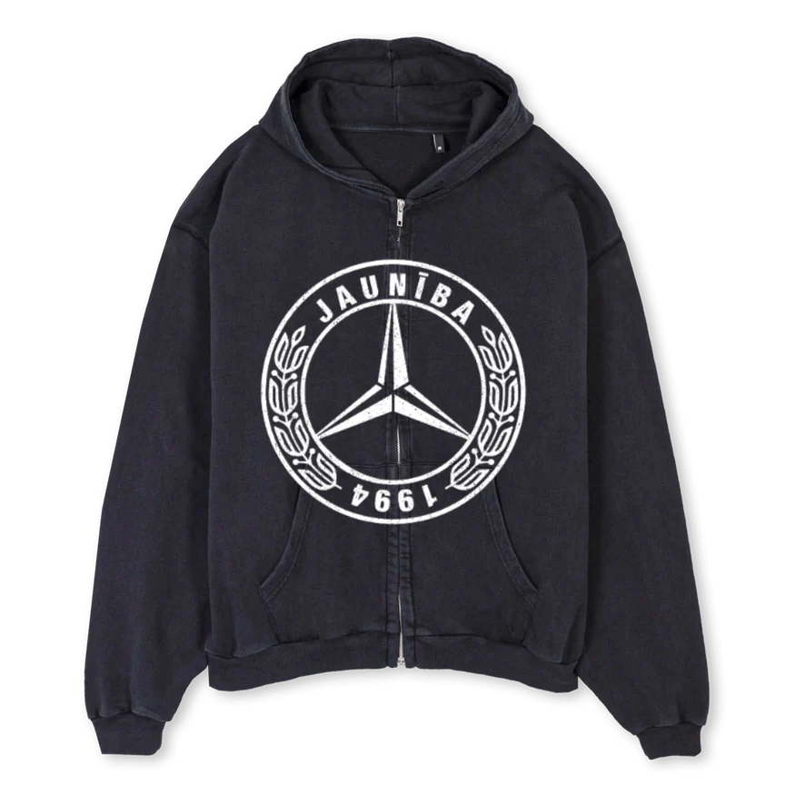 JAUNĪBENZ Vintage Black Oversized Zipped Hoodie.