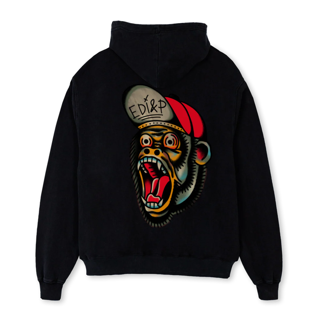 LOGOFRONTMONKEYBACK Black Oversized Hoodie. - Image 2