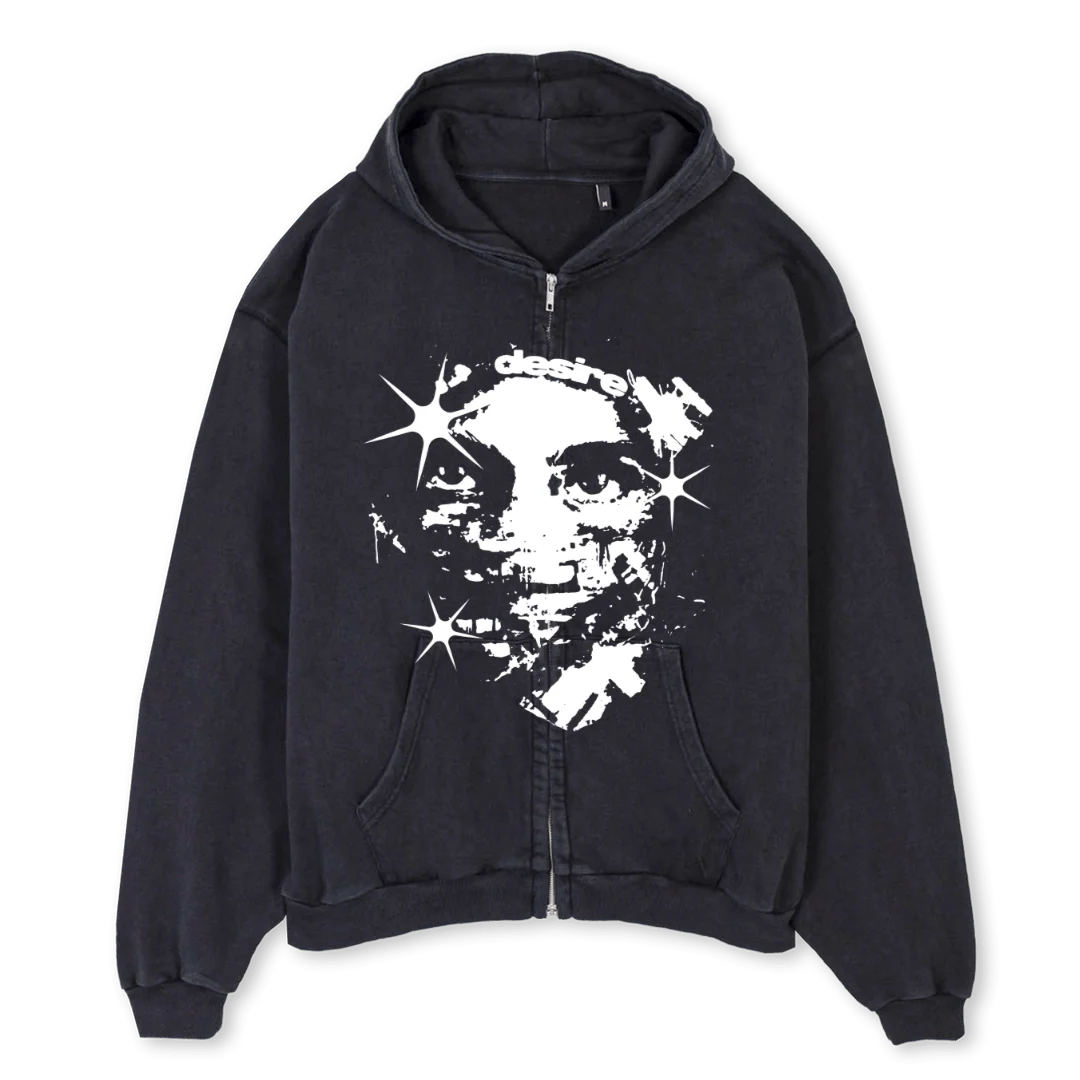LOSTWARZIP Vintage Black Oversized Zipped Hoodie.