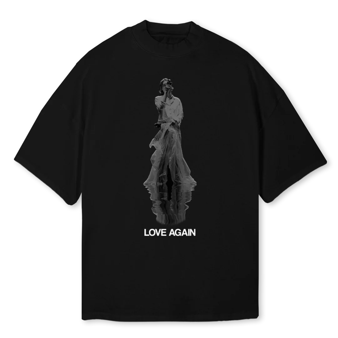 LOVEAGAINMOCK Black Oversized Mock Neck Tee.