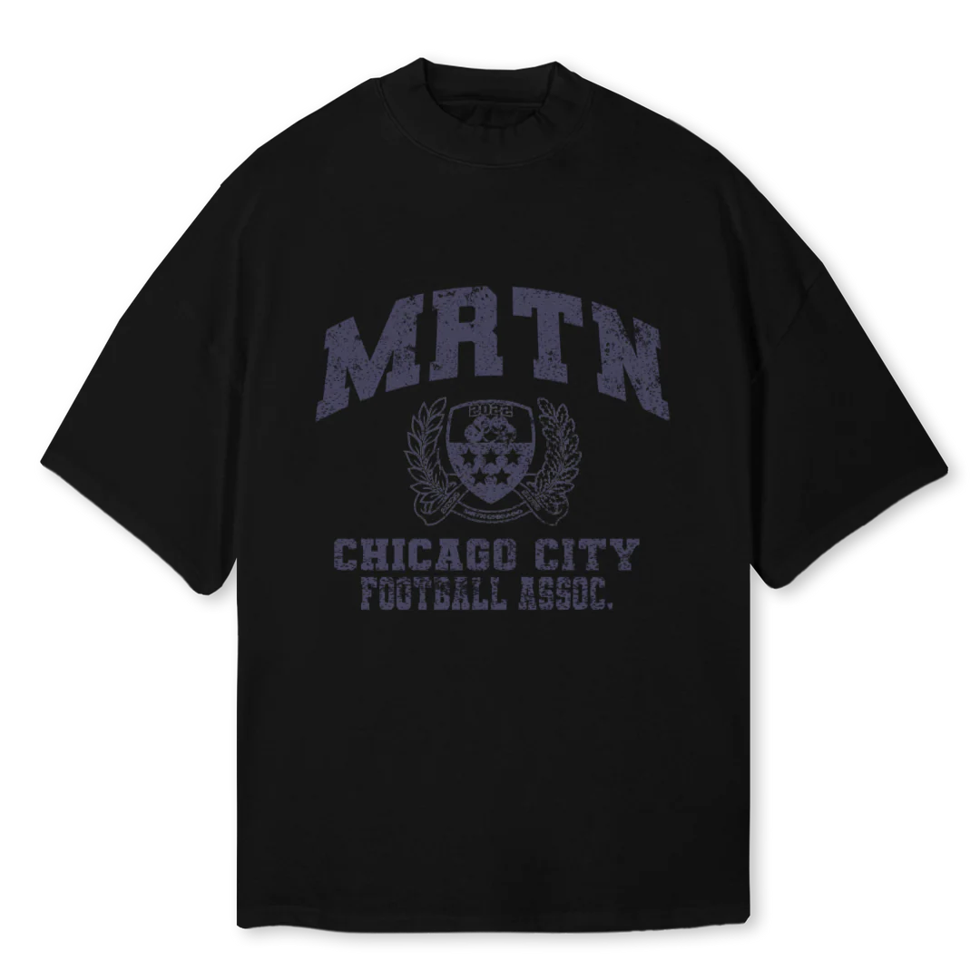 MRTNFOOT Black Oversized Mock Neck Tee.