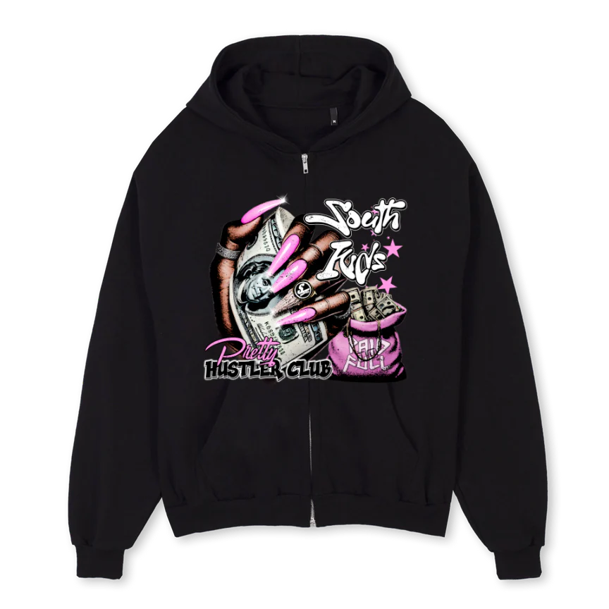 PRETTYHUSTLERCLUBZIP Black Oversized Zipped Hoodie.