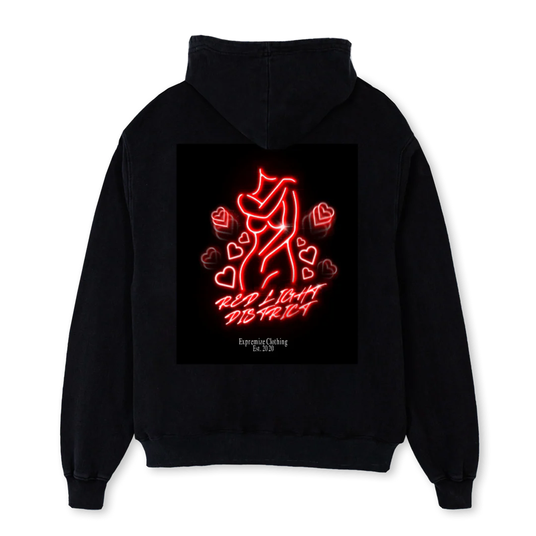 RED LIGHT Black Oversized Zipped Hoodie.