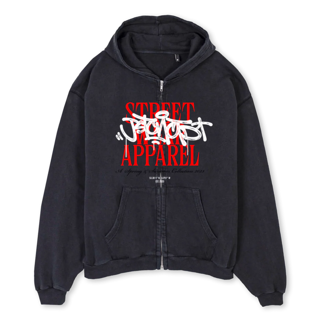 STREETAPPAREL Vintage Black Oversized Zipped Hoodie.