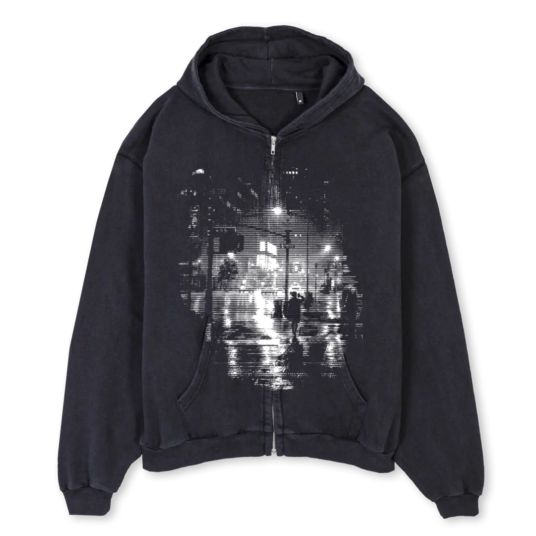 TOKYOWALK Vintage Black Oversized Zipped Hoodie.