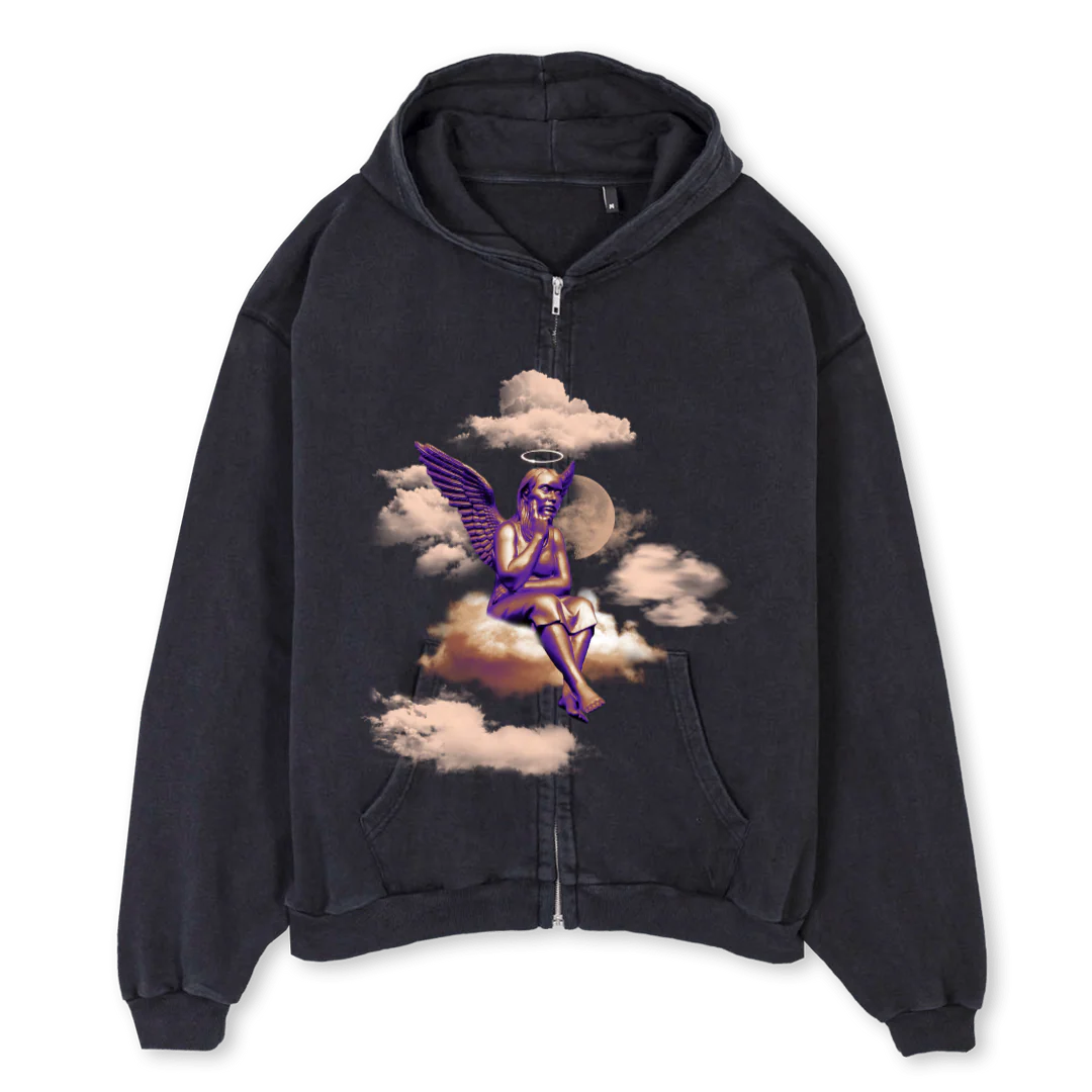 TTIWLDAONE Vintage Black Oversized Zipped Hoodie.