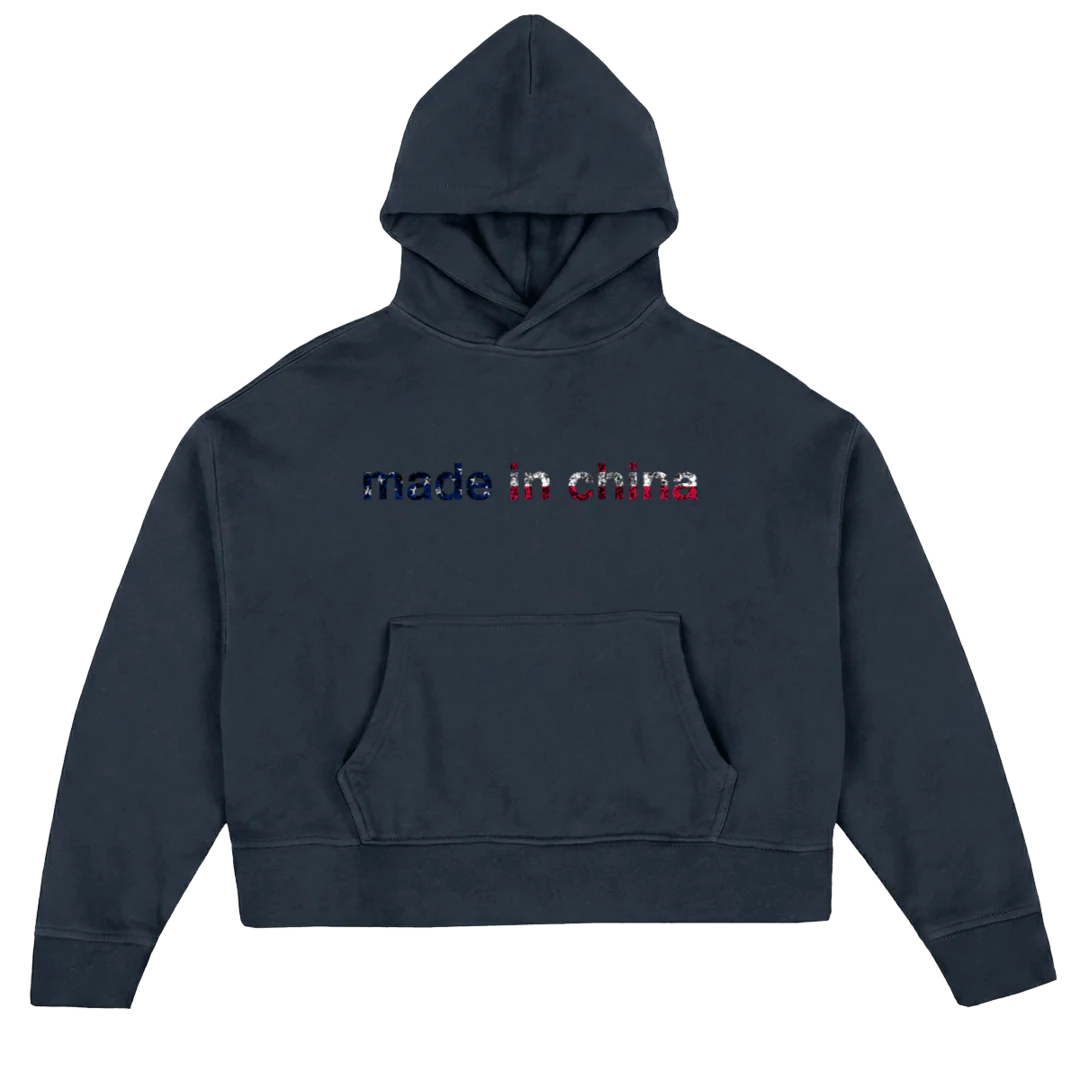 USAMADEINCHINA Navy Blue Oversized Boxy Hoodie.